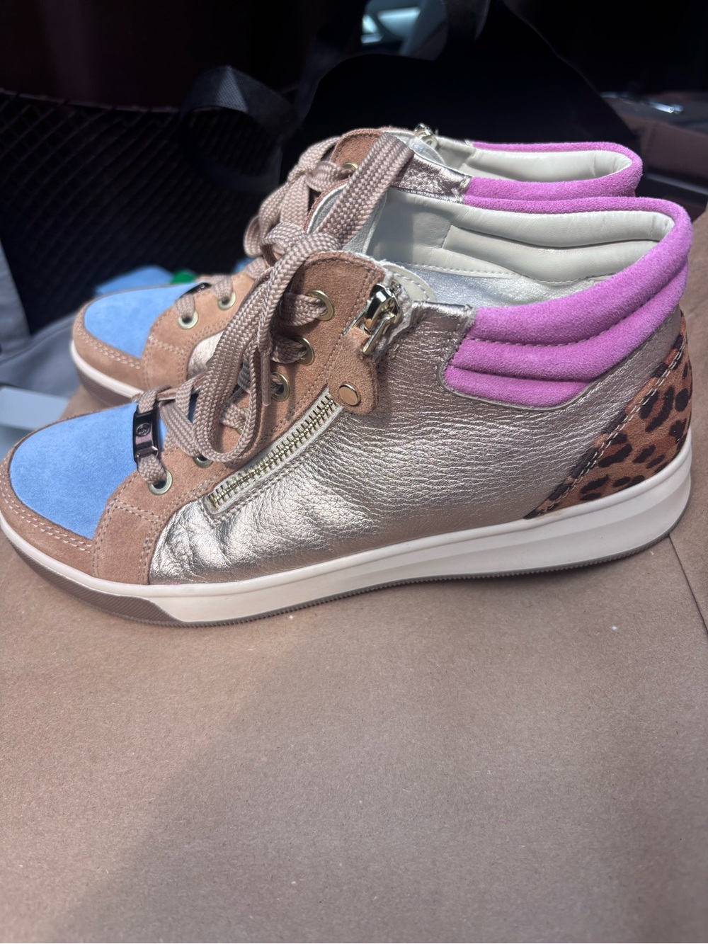 Ara Metallic Gold High-Top Sneakers with Blue Toe and Pink Collar